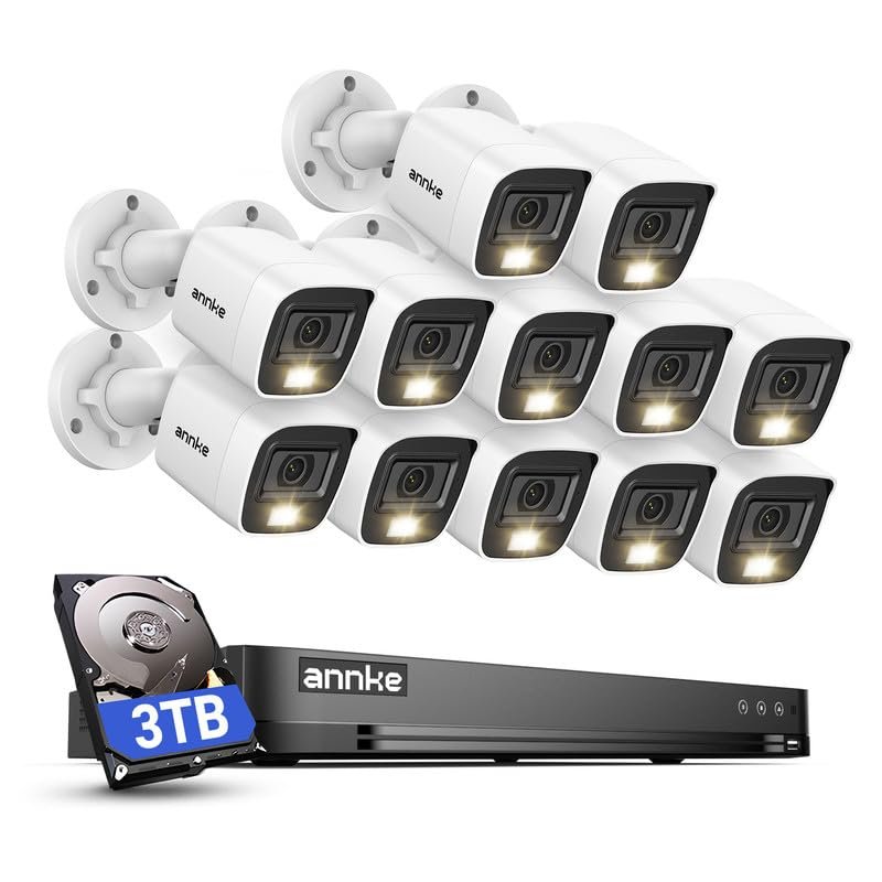 ANNKE 2MP Security Camera System, 16CH 4K DVR Recorder with AI Motion Detection, 12x 1080P (19201080) Add-on Wired White Cams with Smart Color Night Vision, IP67, Compatible with Alexa, 3TB HDD