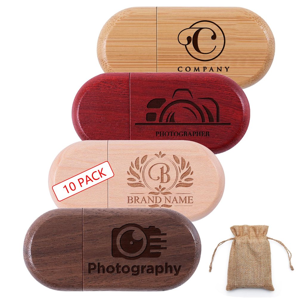 2GB 10Pcs Personalized Custom Wood USB 2.0 Flash Drive, Bulk Customize Oval Thumb Drives with Exquisite Linen Bag for Company/School/Photography