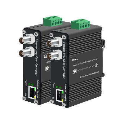 Industrial PoE+ DIN Rail EoC Converter, Ethernet Over Coax, 10/100Mbps to 300m (900m+ Daisy Chain), with PoE Output, 2 BNC Ports, DC 48V Input, for IP Cameras & Industrial Networks