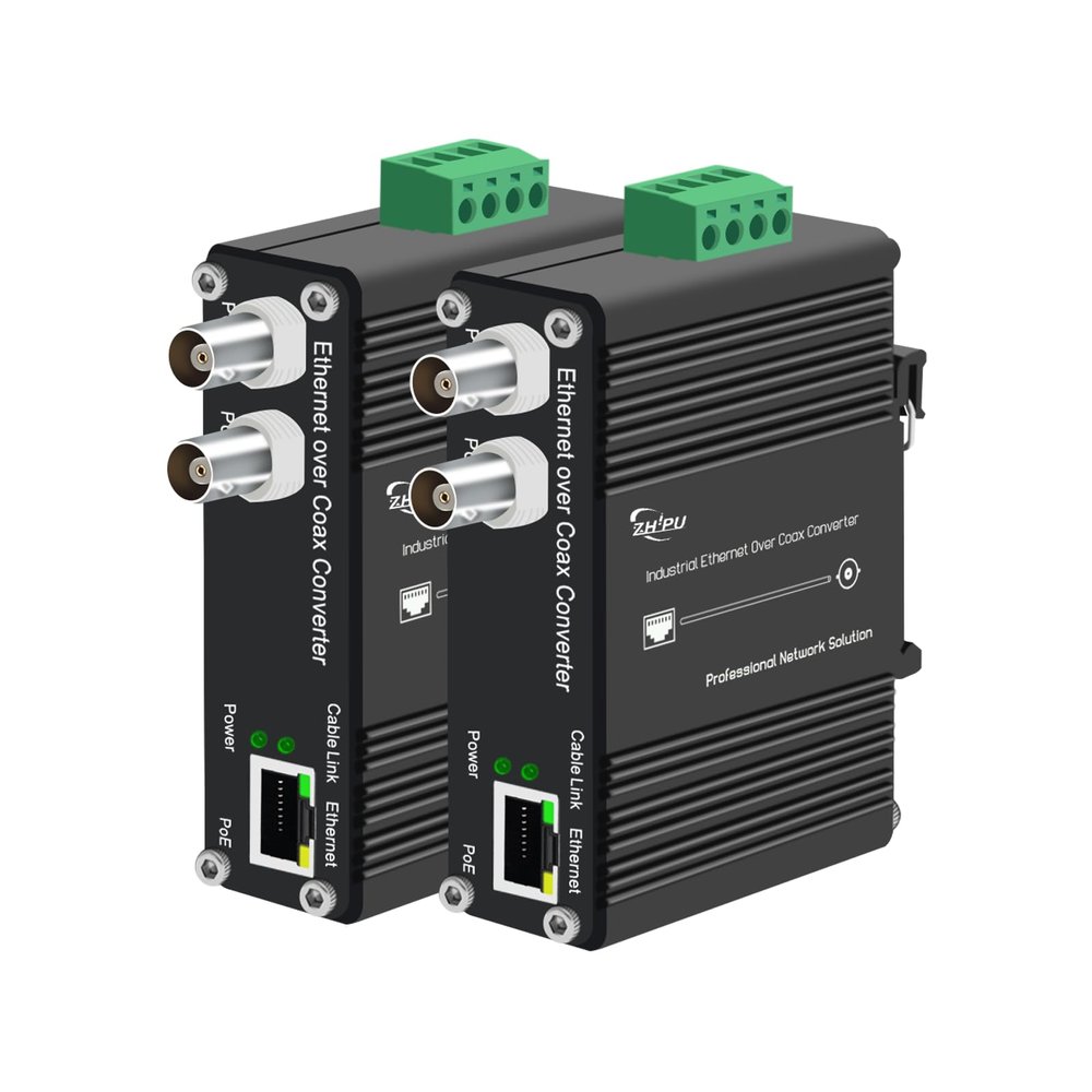 Industrial PoE+ DIN Rail EoC Converter, Ethernet Over Coax, 10/100Mbps to 300m (900m+ Daisy Chain), with PoE Output, 2 BNC Ports, DC 48V Input, for IP Cameras & Industrial Networks