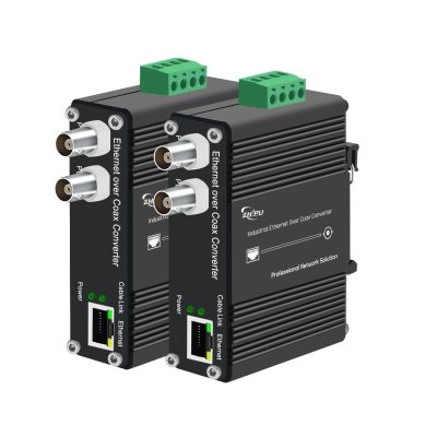 Industrial DIN Rail EoC Converter Hub, Ethernet Over Coax, 10/100Mbps up to 1200m, 2-Port BNC for 7-Channel Daisy Chain, 18-48V DC, Surge Protection for CCTV Surveillance