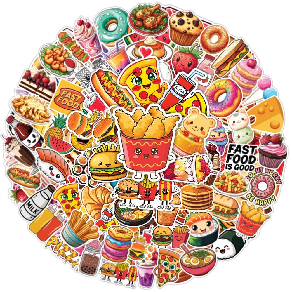100pcs Food Stickers Cute Fast Food Vinyl Sticker Pack for Laptop, Water Bottle, Scrapbooking, Teens, Adults, Kids Waterproof Decals