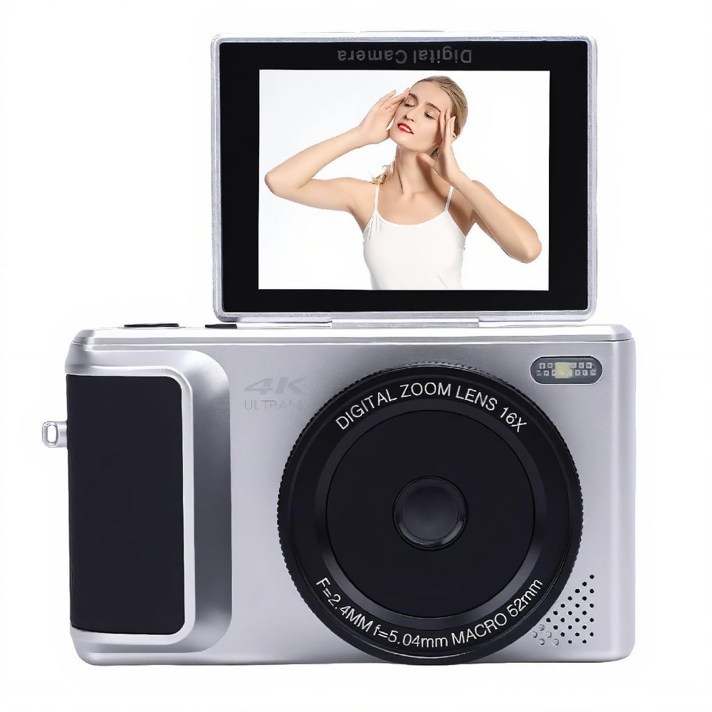 4K Digital Camera for Photography, 64MP Vlogging Camera for with 2.8 Inch 180 Flip Screen, 16X Digital Zoom Autofocus Retro Mirrorless Camera for Travel (Silver)