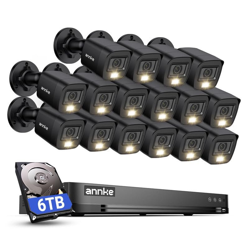 ANNKE 2MP Security Camera System, 32CH 3K Lite DVR Recorder with AI Motion Detection, 16x 1080P (19201080) Add-on Wired Black Cams with Smart Color Night Vision, IP67, 3.6mm Lens, 6TB Hard Drive