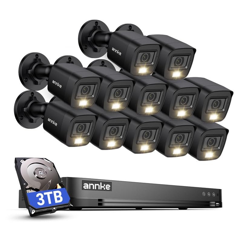 ANNKE 2MP Security Camera System, 16CH 4K DVR Recorder with AI Motion Detection, 12x 1080P (19201080) Add-on Wired Black Cams with Smart Color Night Vision, IP67, Compatible with Alexa, 3TB HDD