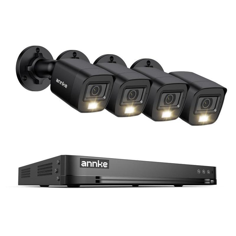 ANNKE 2MP Security Camera System, 16CH 4K DVR Recorder with AI Motion Detection, 4X 1080P (19201080) Add-on Wired Black Cams with Smart Color Night Vision, IP67, Compatible with Alexa, No HDD