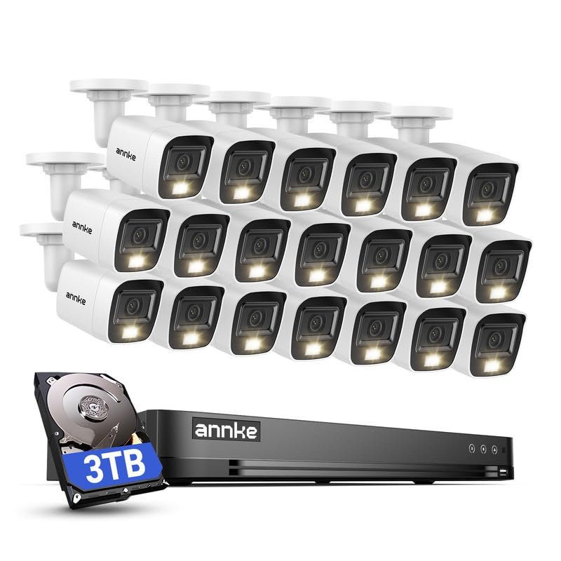 ANNKE 2MP Security Camera System, 32CH 3K Lite DVR Recorder with AI Motion Detection, 20x 1080P (19201080) Add-on Wired White Cams with Smart Color Night Vision, IP67, 3.6mm Lens, 3TB Hard Drive