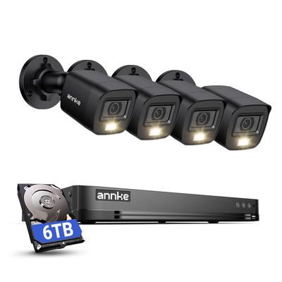 ANNKE 2MP Security Camera System, 16CH 4K DVR Recorder with AI Motion Detection, 4X 1080P (19201080) Add-on Wired Black Cams with Smart Color Night Vision, IP67, Compatible with Alexa, 6TB HDD