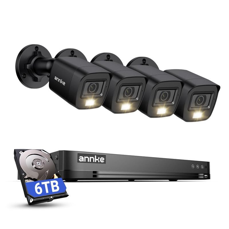 ANNKE 2MP Security Camera System, 16CH 4K DVR Recorder with AI Motion Detection, 4X 1080P (19201080) Add-on Wired Black Cams with Smart Color Night Vision, IP67, Compatible with Alexa, 6TB HDD