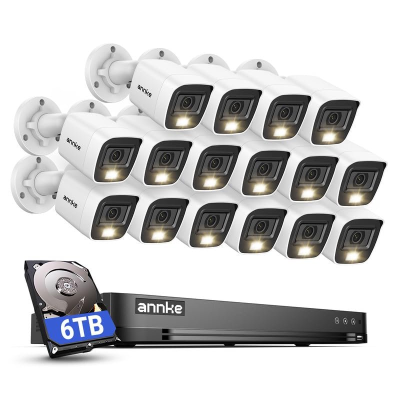 ANNKE 2MP Security Camera System, 16CH 4K DVR Recorder with AI Motion Detection, 16x 1080P (19201080) Add-on Wired White Cams with Smart Color Night Vision, IP67, Compatible with Alexa, 6TB HDD