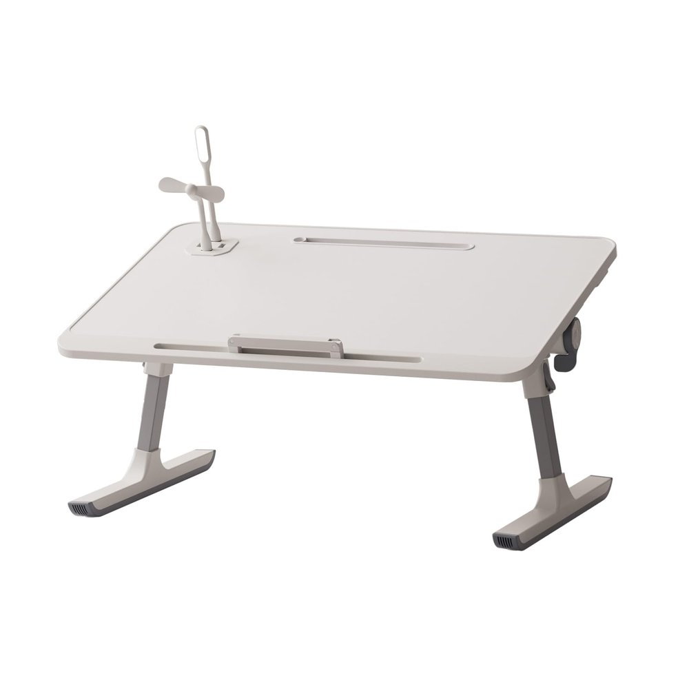 Altsuceser Laptop Bed Tray Table, Height Adjustable Bed Desk Portable Standing Table with USB Fan Lamp and Foldable Legs Suitable for Sofas, Sofa Chairs and Bedrooms White
