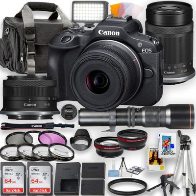 Canon EOS R100 Mirrorless Camera with 18-45 Lens + 55-210mm Lens + 128 GB Memory + Pro Series 0.43x Af Wideangle Lens + Pro Series 2.2X Af Telephoto Lens + More (32 pc Bundle) (Renewed)