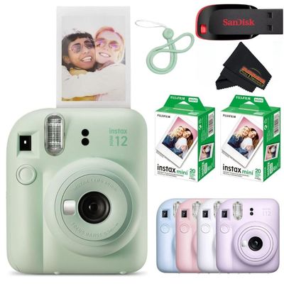 Fujifilm Instax Mini 12 Instant Camera Mint Green with Sandisk 32 GB USB Flash Drive + 40 Sheets Fujifilm Instax Mini Film and Sunshine Photo Microfiber Cleaning Cloth Bundle