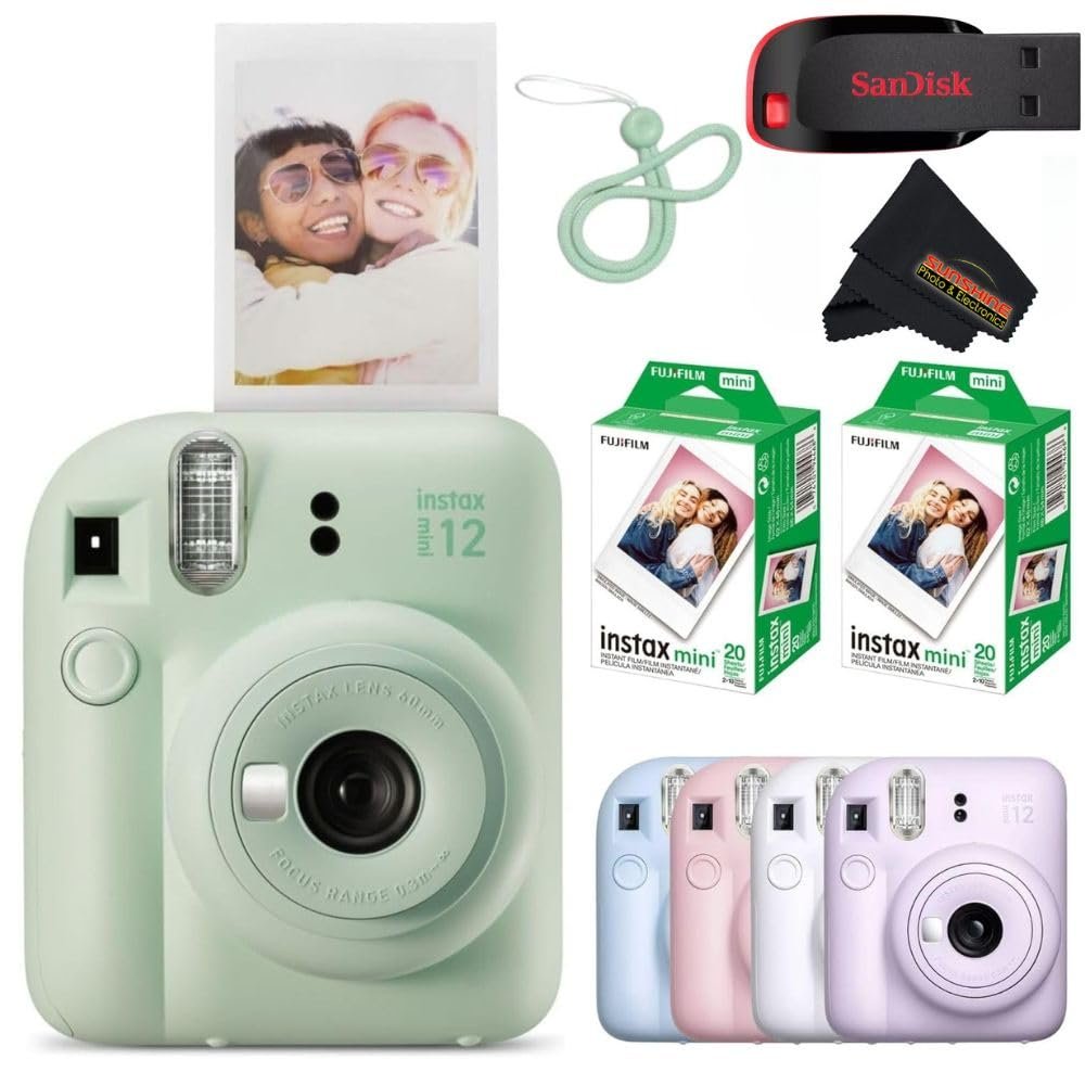 Fujifilm Instax Mini 12 Instant Camera Mint Green with Sandisk 32 GB USB Flash Drive + 40 Sheets Fujifilm Instax Mini Film and Sunshine Photo Microfiber Cleaning Cloth Bundle