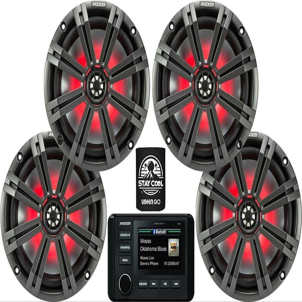 KICKER Marine Receiver and Speakers Package of 3 Items - in-Dash KM Series Digital Media Receiver & Four 8" KM Series 2-Way LED Speakers - Stereo Kit - 46KMC4 Receiver & 2X 45KM84L Speakers