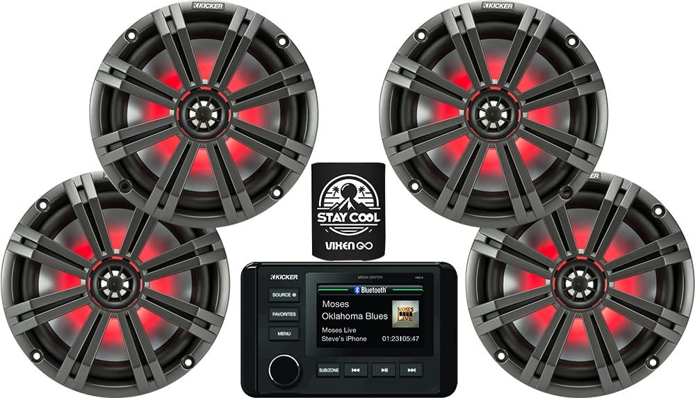 KICKER Marine Receiver and Speakers Package of 3 Items - in-Dash KM Series Digital Media Receiver & Four 6-1/2" KM Series 2-Way LED Speakers - Stereo Kit - 46KMC4 Receiver & 2X 45KM654L Speakers