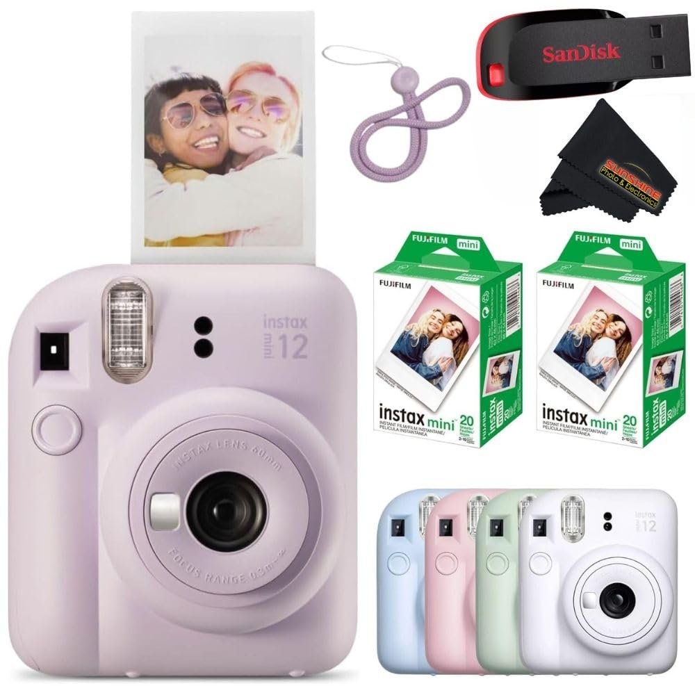 Fujifilm Instax Mini 12 Instant Camera Lilac Purple with Sandisk 32 GB USB Flash Drive + 40 Sheets Fujifilm Instax Mini Film Bundle, Sunshine Photo Microfiber Cleaning Cloth Included