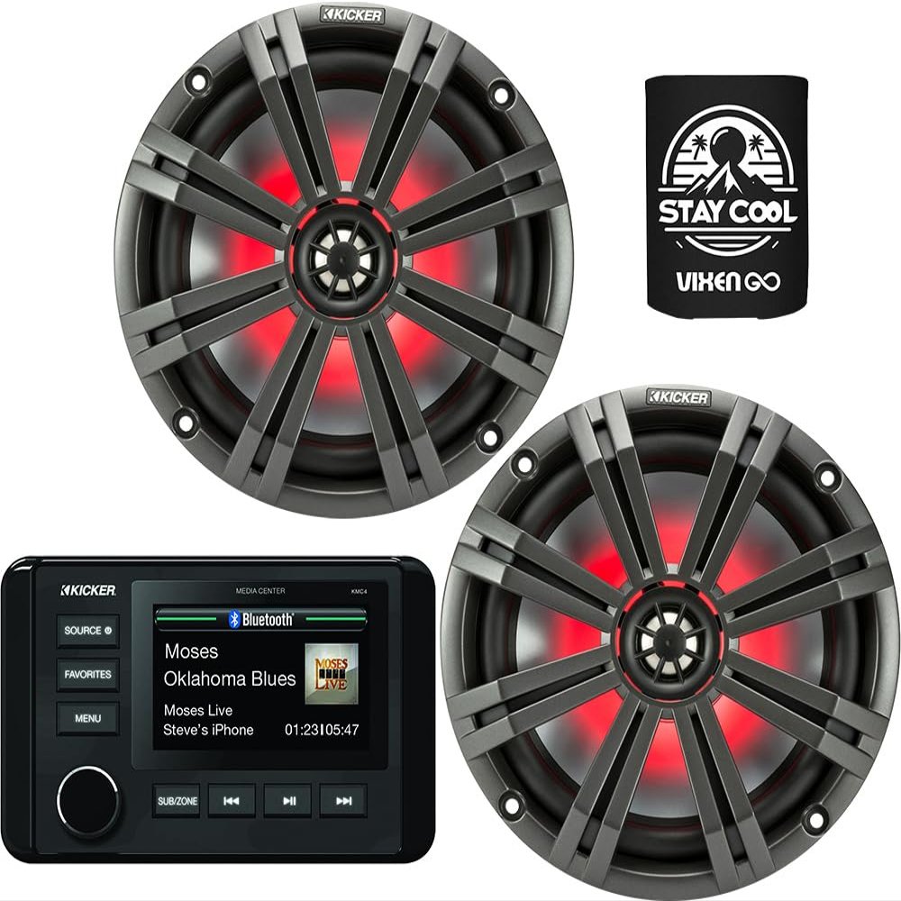 KICKER Marine Receiver and Speakers Package of 2 Items - in-Dash KM Series Digital Media Receiver & Two 6-1/2" KM Series 2-Way LED Speakers - Stereo Kit - 46KMC4 Receiver & 45KM654L Speakers