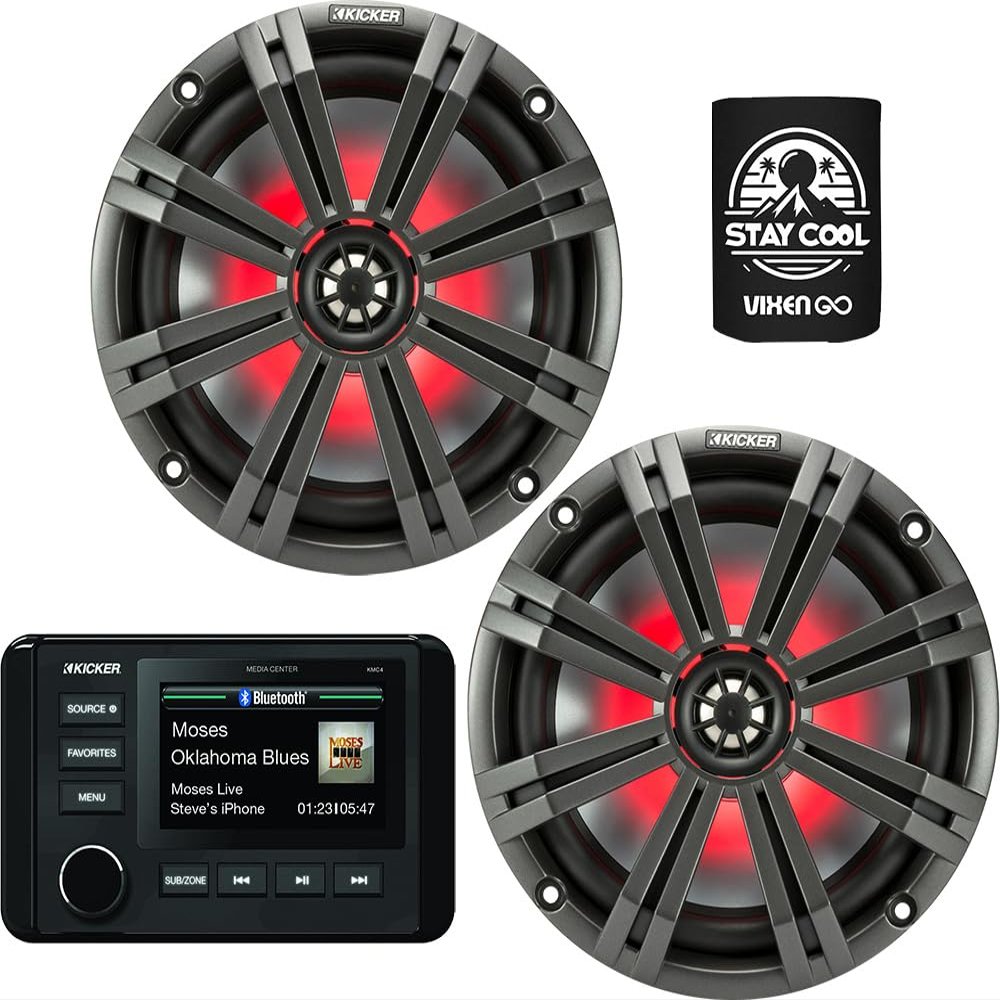 KICKER Marine Receiver and Speakers Package of 2 Items - in-Dash KM Series Digital Media Receiver & Two 8" KM Series 2-Way LED Speakers - Stereo Kit - 46KMC4 Receiver & 45KM84L Speakers