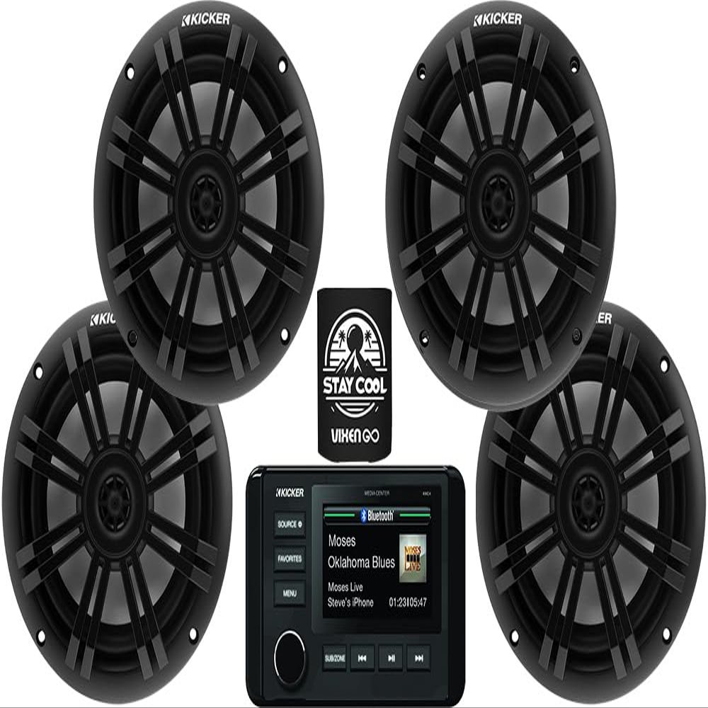 KICKER Marine Receiver and Speakers Package of 5 Items - in-Dash KM Series Digital Media Receiver & Four 6-1/2" KM Series 2-Way Speakers - Stereo Kit - 46KMC4 Receiver & 4X 49BKM604 Speakers