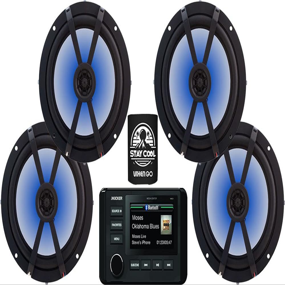 KICKER Marine Receiver and Speakers Package of 5 Items - in-Dash KM Series Digital Media Receiver & Four 6-1/2" KM Series 2-Way LED Speakers - Stereo Kit - 51KMC4 Receiver & 4X 45BKM614L Speakers