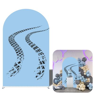 Racing Theme Arch Backdrop Cover Arched Stand Spandex Cloth for Boy Birthday Party Decoration Supplies (Blue and Tire Print,6.6FT (6.6x3.3ft))