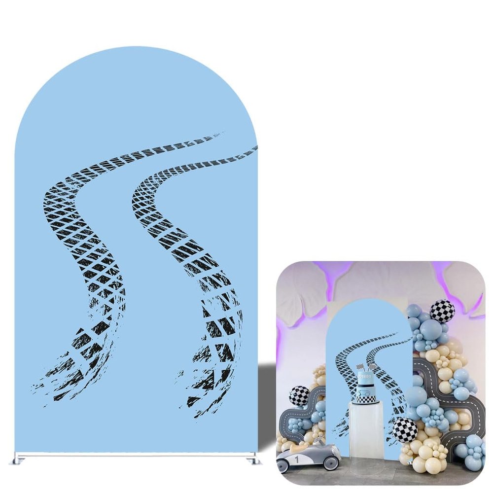 Racing Theme Arch Backdrop Cover Arched Stand Spandex Cloth for Boy Birthday Party Decoration Supplies (Blue and Tire Print,6.6FT (6.6x3.3ft))