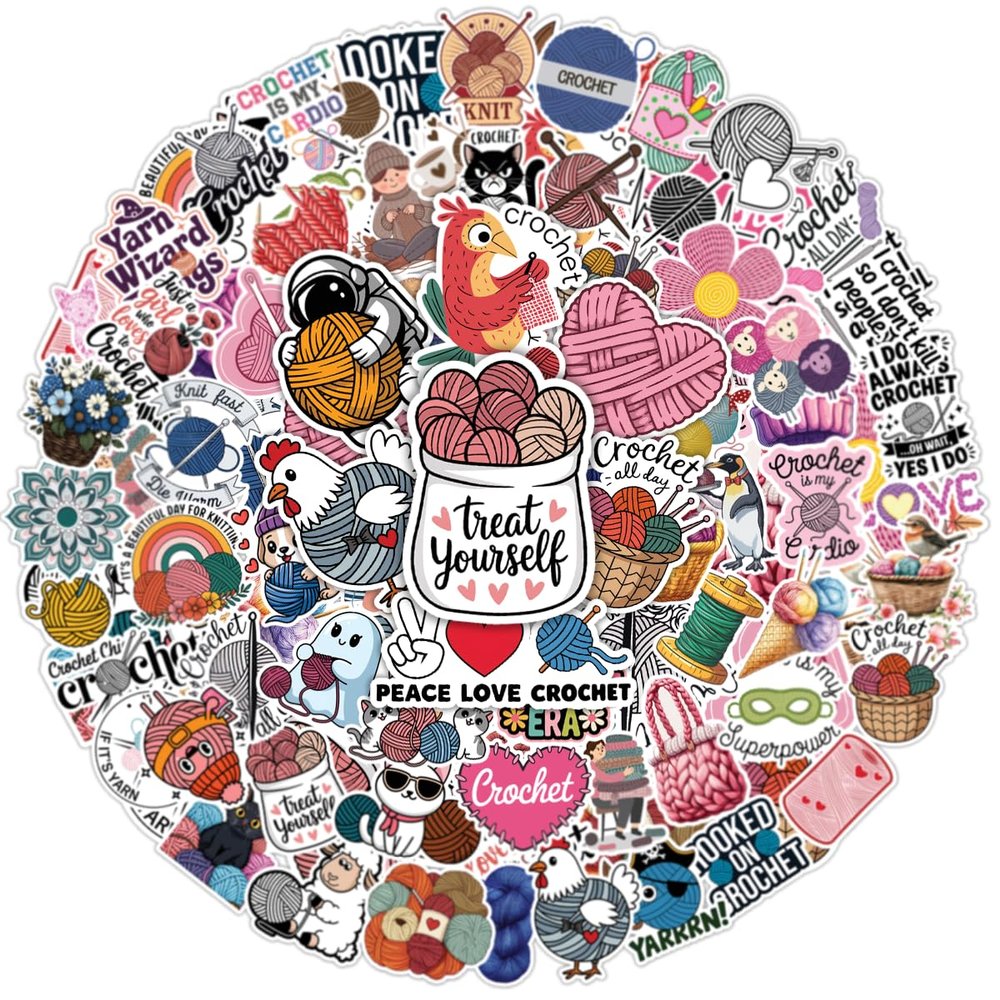 100pcs Crochet and Knitting Stickers Waterproof Vinyl Perfect for Phone Cases, Laptops, Luggage, Birthday Parties, Picnic Crafts, and Daily Decoration
