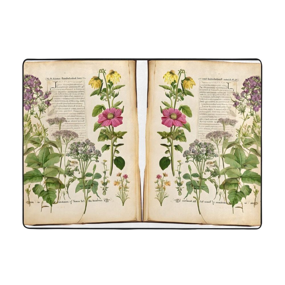 Floral in The Old Book Print Living Room Anti Slip and Absorbent Carpet, Indoor Bedroom Bed Floor Mat, Ultra Soft Washable Carpet 80x58 in