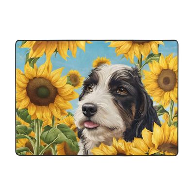 Dog with Sunflowers Print Living Room Anti Slip and Absorbent Carpet, Indoor Bedroom Bed Floor Mat, Ultra Soft Washable Carpet 80x58 in