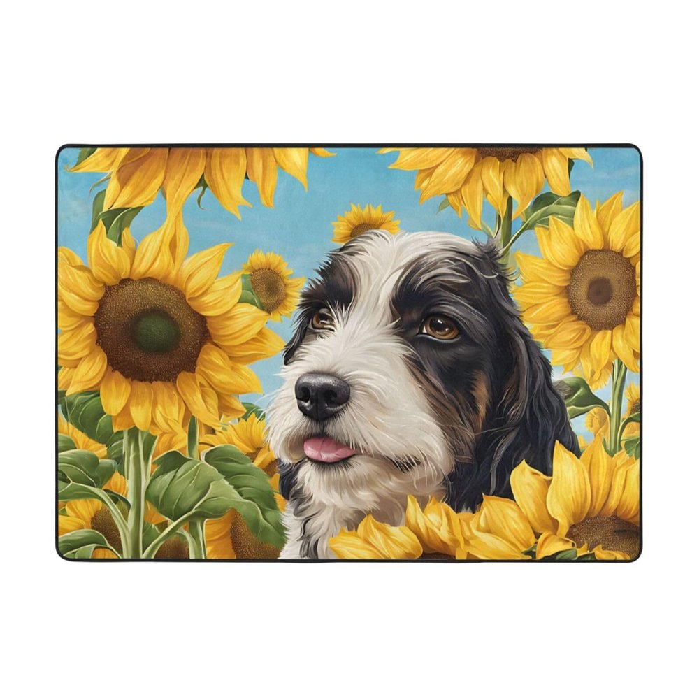 Dog with Sunflowers Print Living Room Anti Slip and Absorbent Carpet, Indoor Bedroom Bed Floor Mat, Ultra Soft Washable Carpet 80x58 in