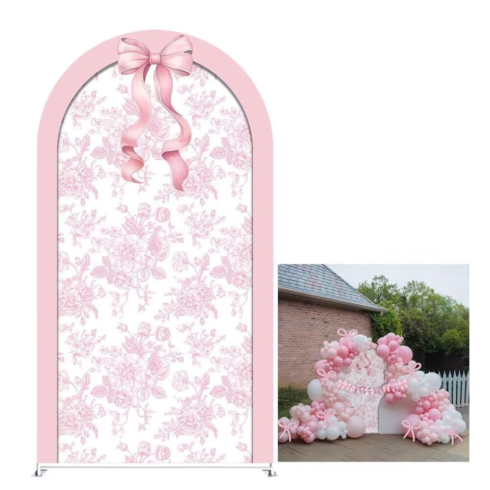 KONPON Pink Bow Arch Backdrop Cover 7.2FT Floral in Bloom Spandex Arch Stand Cover for Wedding Bridal Shower Coquette Bow Party Decorations (No Stand!)