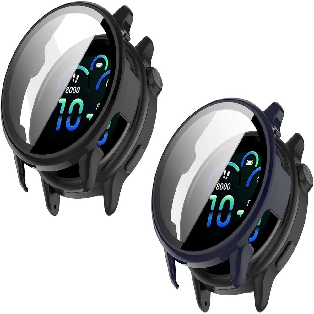 2 Pack Hard Case with Screen Protector for Garmin Vivoactive 6, HD Clear Built-in 9H Tempered Glass Full Protection Slim Cover (Black/Dark Blue)