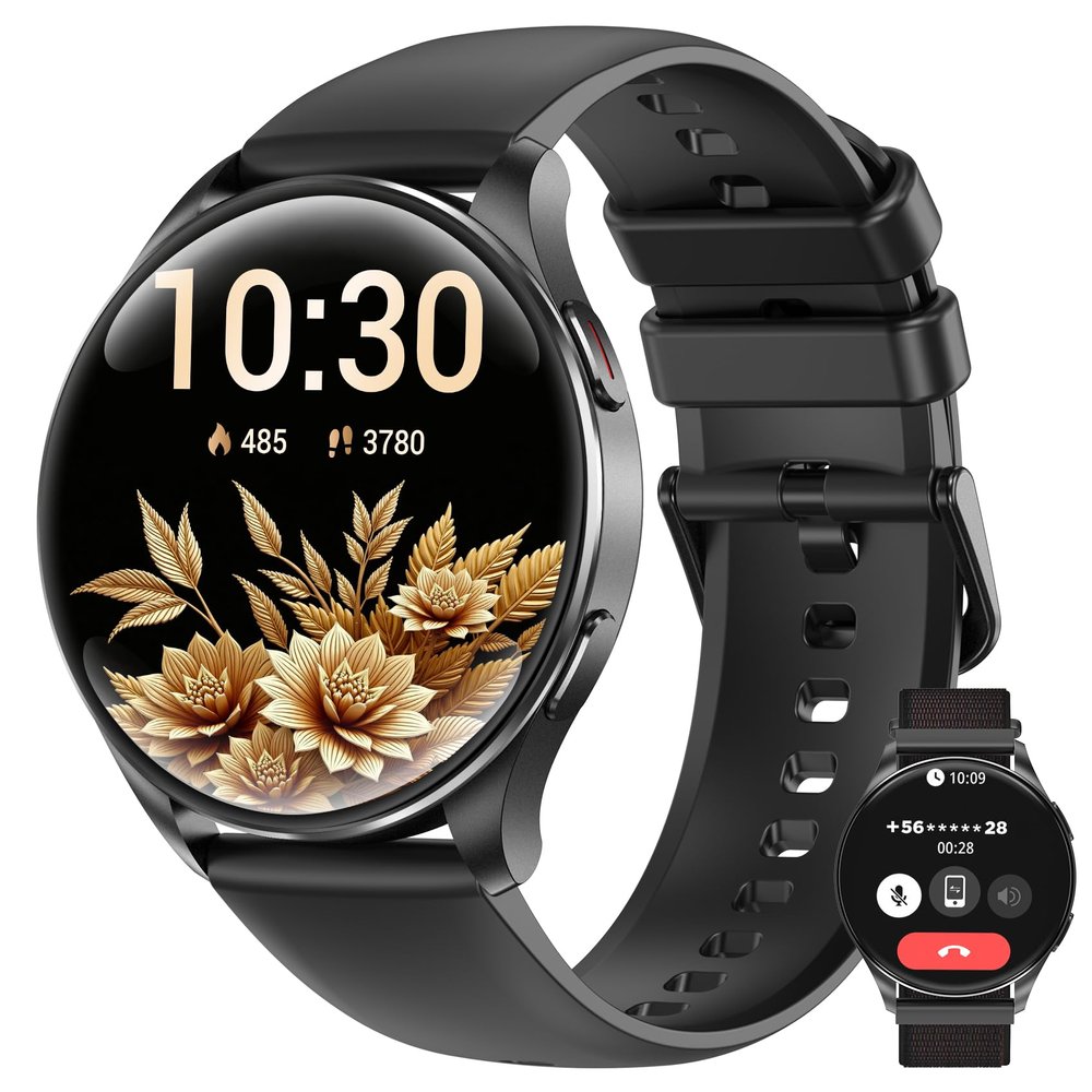IOWODO Smart Watch for Women Men, 1.43" AMOLED Ultra-Clear Screen Fitness Tracker with HeartRate/Sleep Monitor, 21Languages, Answer/Make Calls,Waterproof Smartwatch for Android and iPhone (2 Straps)