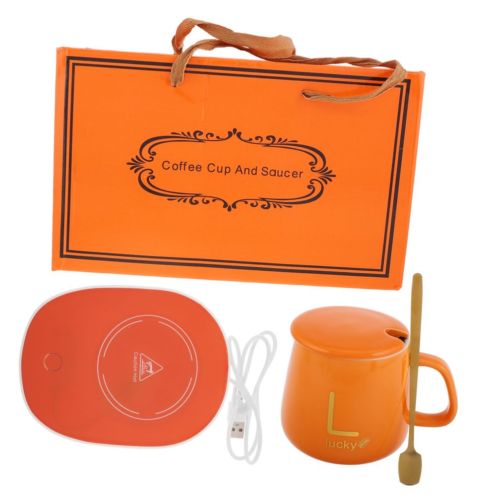 ABOOFAN 1Set Drink Warmer Mug with Lid Spoon Quick Heating Coffee Mug Set for Desk Automatic Heating Electric Cup Warmer Present for Christmas Birthday Celebrations