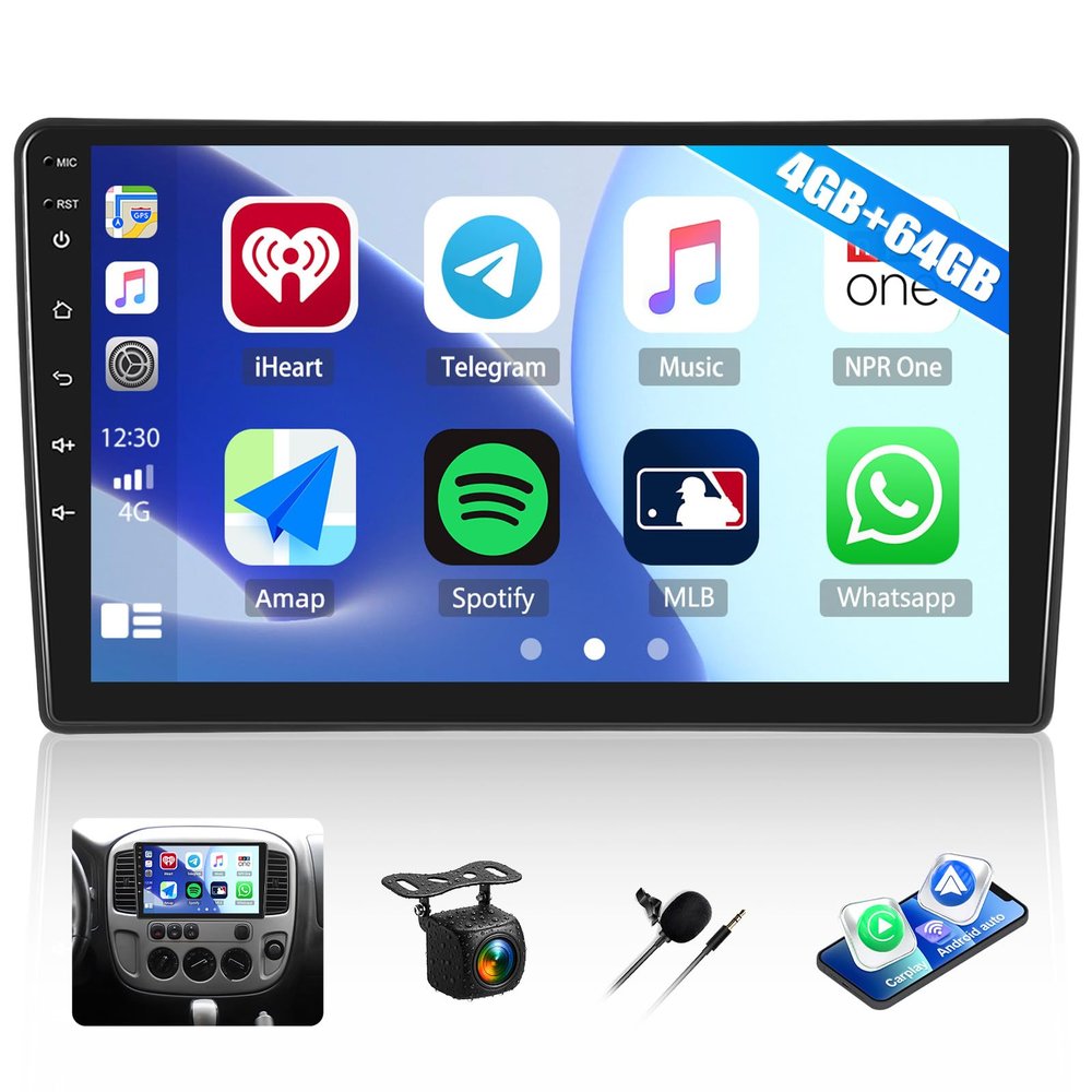 4+64G Car Stereo Radio for Ford Escape/Mazda Tribute 2001-2005 with Wireless CarPlay Android Auto, 9 Inch Touch Screen Android 15 Car Radio with GPS Navigation 32EQ Bluetooth 5.0 WiFi Backup Camera
