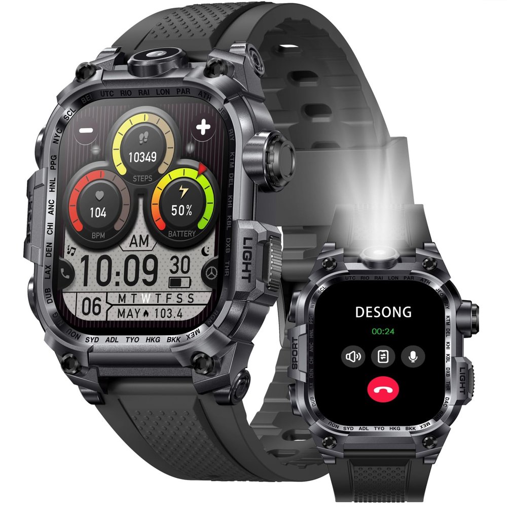 Desong Military Smart Watch for Men (Make/Answer Call), 2.01" HD Screen Smartwatches for Android and iPhone,Long Time Standby Fitness Tracker/Flashlight/Waterproof/Heart Rate/Sleep/100+ Sport Modes