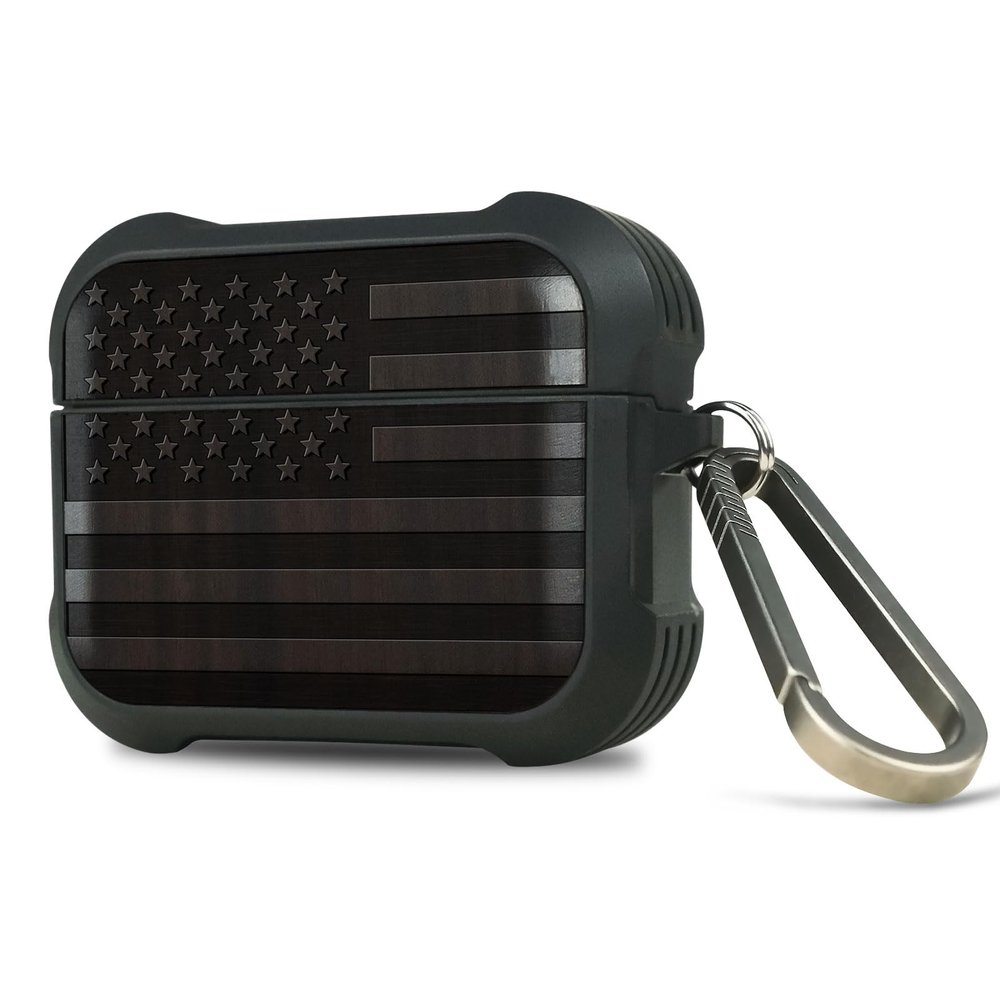 Carveit Wooden Case for AirPods Pro 2nd/1st Gen Case, Wood Artisan Engraved & TPU Shockproof Cover, Titanium Quick Released Clasp, Wireless Chargers Compatible (American Flag) Blackwood