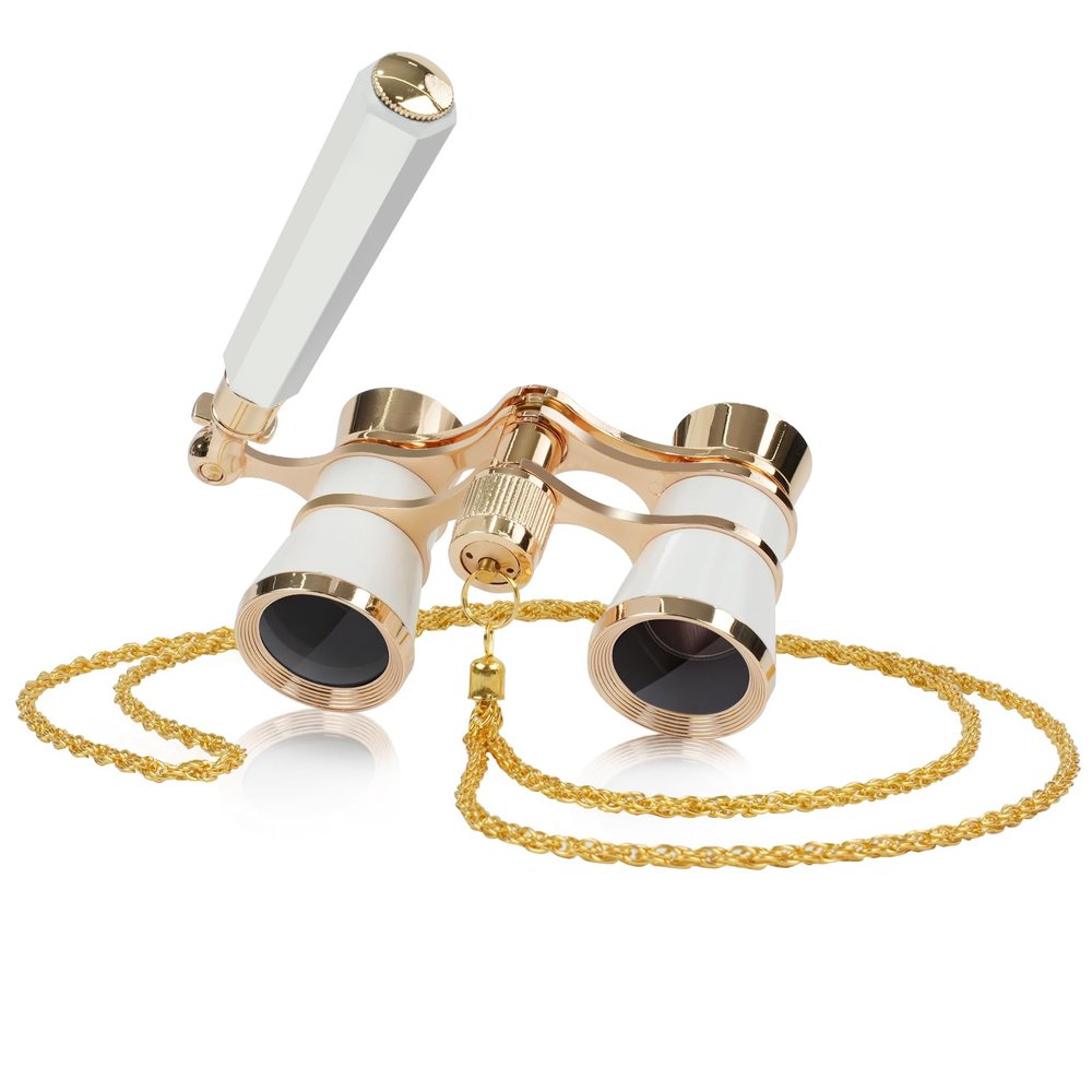 BOSTRON 3X25 Theater Glasses Binoculars Compact with Adjustable Handle & Chain Opera Glasses for Women Adults in Musical ConcertWhite