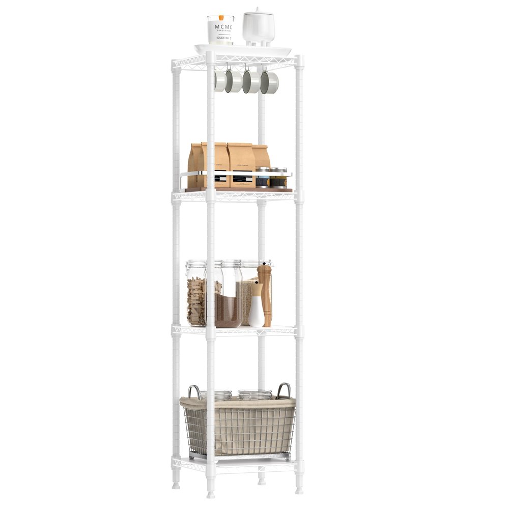 IZEUK 4 Tier Steel Storage Shelves, Adjustable Wire Shelving Unit for Kitchen, Bathroom, or Office Organization, Heavy Duty Metal Rack, 480 lbs Capacity, 11.8" D x 11.8" W x 47.3" H, White