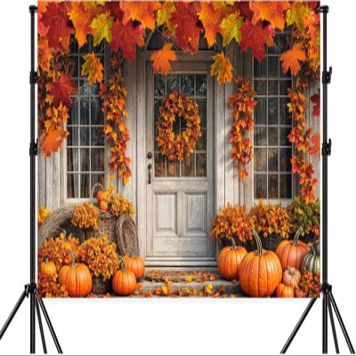 12X10ft Fall White Wood Door Photography Backdrop Autumn Western Forest Window Rustic Yellow Pumpkin Harvest Hay Natural Scenery Maple Leaves Harvest Banner Decoration Studio Props Party Backdrop