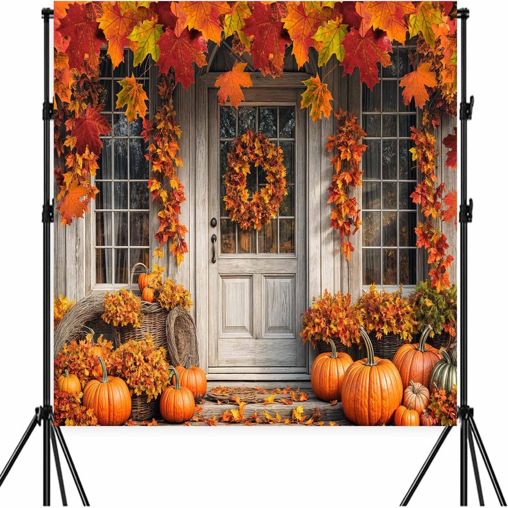 12X10ft Fall White Wood Door Photography Backdrop Autumn Western Forest Window Rustic Yellow Pumpkin Harvest Hay Natural Scenery Maple Leaves Harvest Banner Decoration Studio Props Party Backdrop