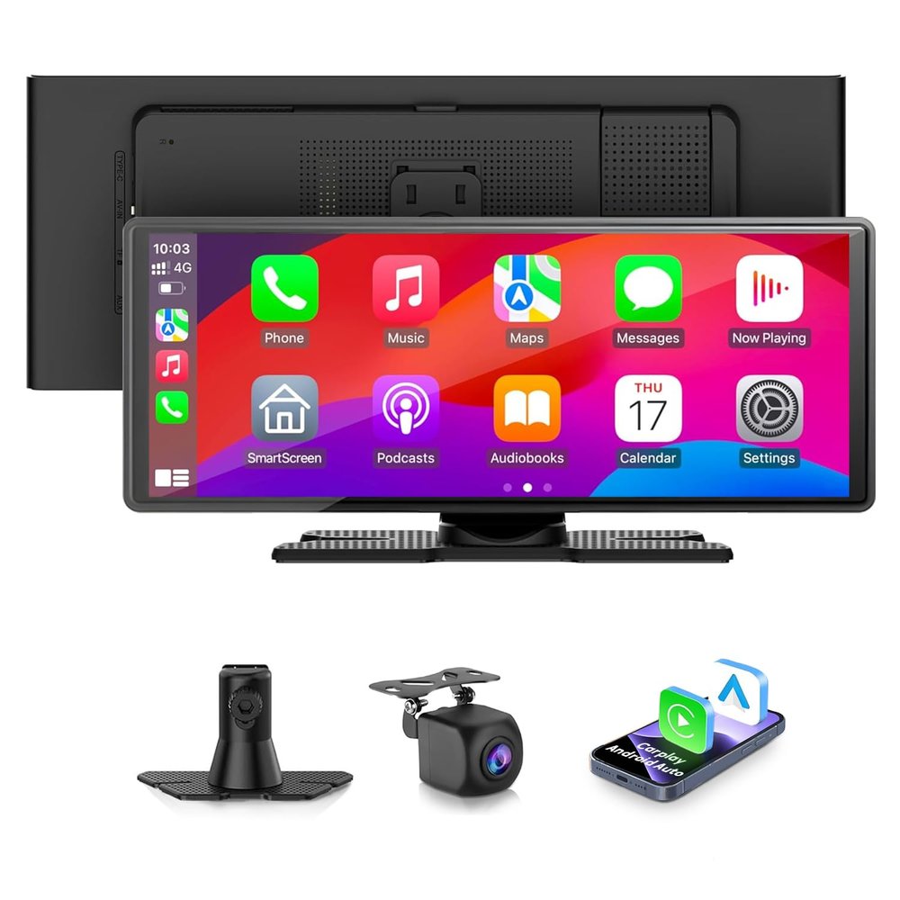 10.26'' Wireless Carplay Screen for Car with 1080P Backup Camera, Portable Car Audio Receivers with Carplay & Android Auto, GPS Navigation, Airplay, Mirror Link,Voice Control