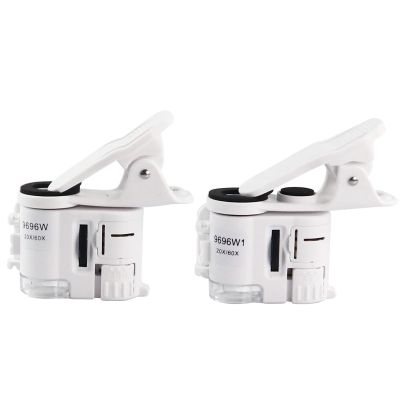 Universal Clip-On Microscope 60X 20X LED Jewelry Magnifying Glass Pocket Loupe with Cell Phone Clip for Easy Viewing(Long Clip)