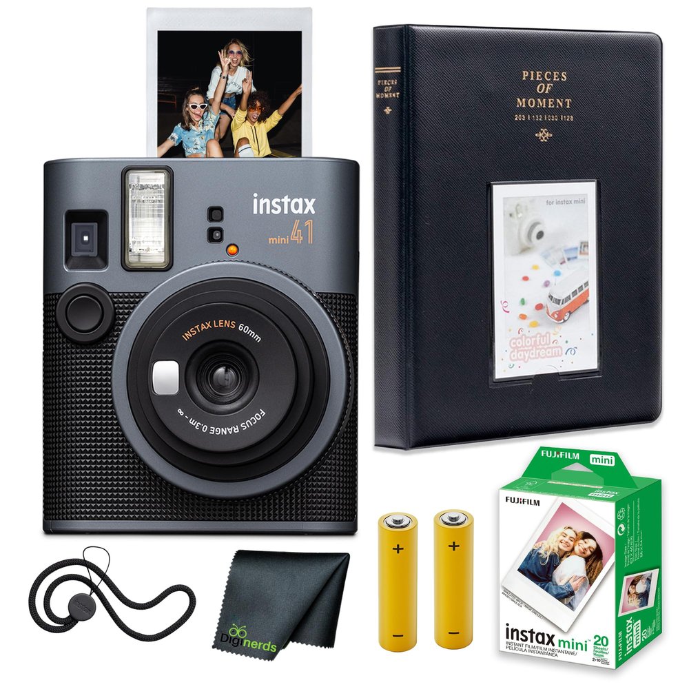 FujiFilm Instax Mini 41 Instant Film Camera Bundle with Fuji Instax-Instant-mini Film Value Pack (20 Sheets) + Photo Album 64 Pockets + Microfiber Cleaning Cloth