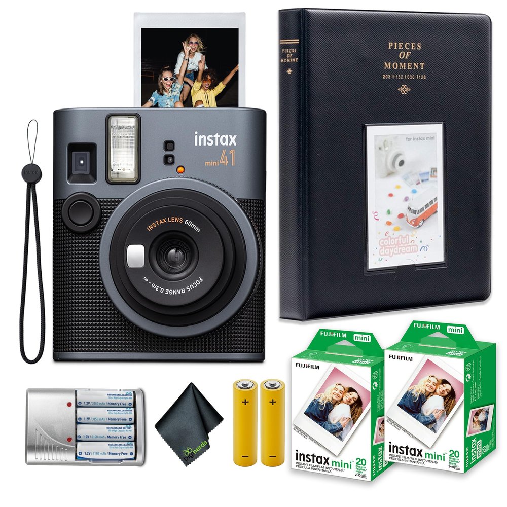 Fujifilm Instax Mini 41 Instant Film Camera Bundle with 2X Fuji Instax-Instant-mini Film Value Pack (40 Sheets) + 4X Rechargeable AA Batteries with Charger + Photo Album  64 Pockets + More
