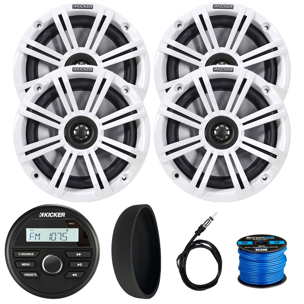 KICKER 46KMC2 Marine Bluetooth All-Weather AM/FM USB/AUX Gauge Style Media Center Receiver W/Black Cover, 4X 6.5 195W Max Power Coaxial Speakers W/White Grille, Radio Antenna, Speaker Wire