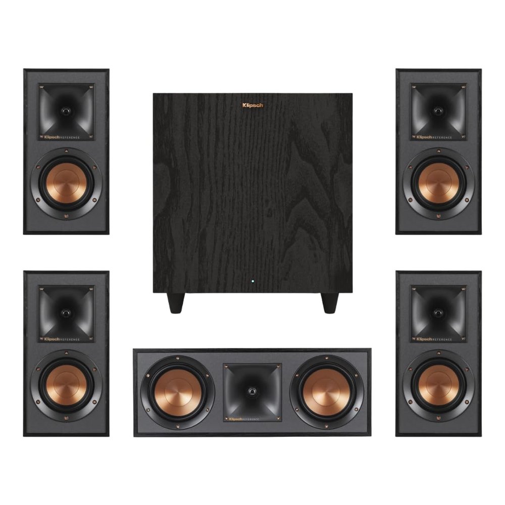 Klipsch Reference Home Theater Speaker Bundle Includes (4) R-41M Bookshelf Speakers, (1) R-52C Center Channel, and (1) R-80SWi 8" Wireless Subwoofer for Immersive Surround Sound