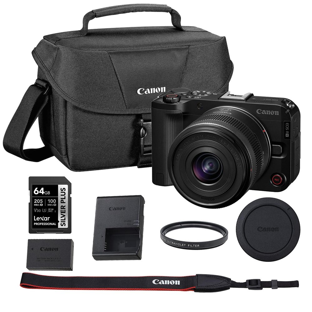 Canon EOS R50 V APS-C Mirrorless Interchangeable Lens Hybrid Camera with RF-S 14-30mm f/4-6.3 is STM PZ Lens Bundle and 64GB Memory Card + UV Filter + Camera Bag (5 Items)