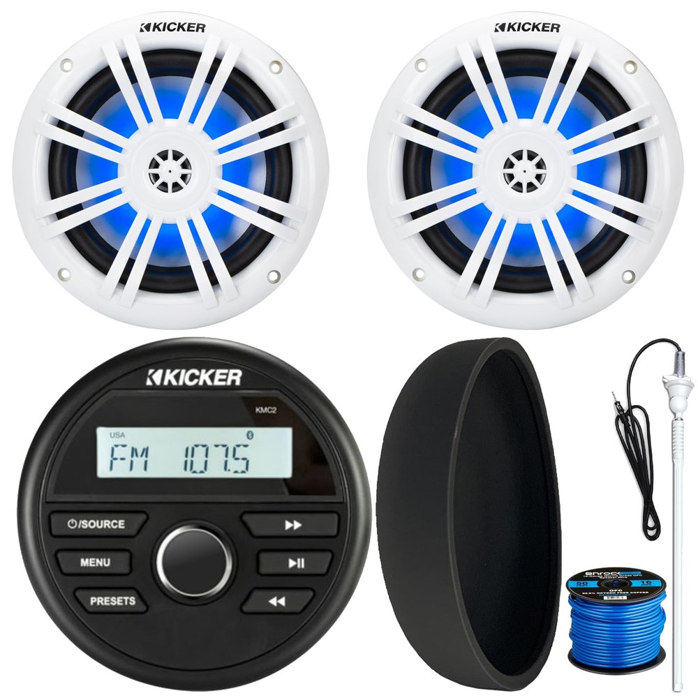 KICKER 46KMC2 Marine Bluetooth All-Weather AM/FM USB/AUX Gauge Style Media Center Receiver W/Black Cover, 2X 6.5 150W Max Power White RGB LED Coaxial Boat Speakers, 50 Feet 16G Speaker Wire, Antenna